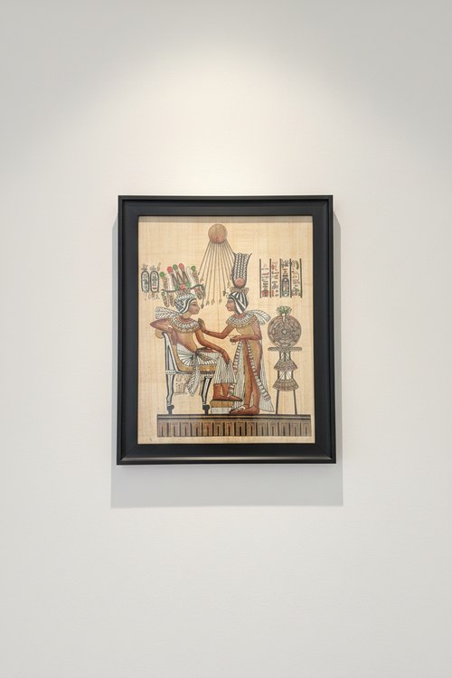 Gallery view — Egyptian papyrus royal scene on white gallery wall