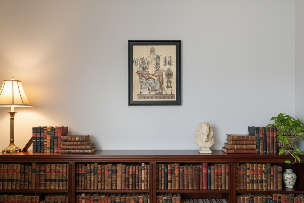 Lifestyle — Egyptian papyrus painting in elegant home library setting