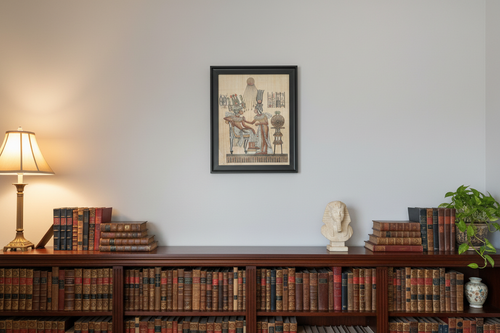 Lifestyle — Egyptian papyrus painting in elegant home library setting