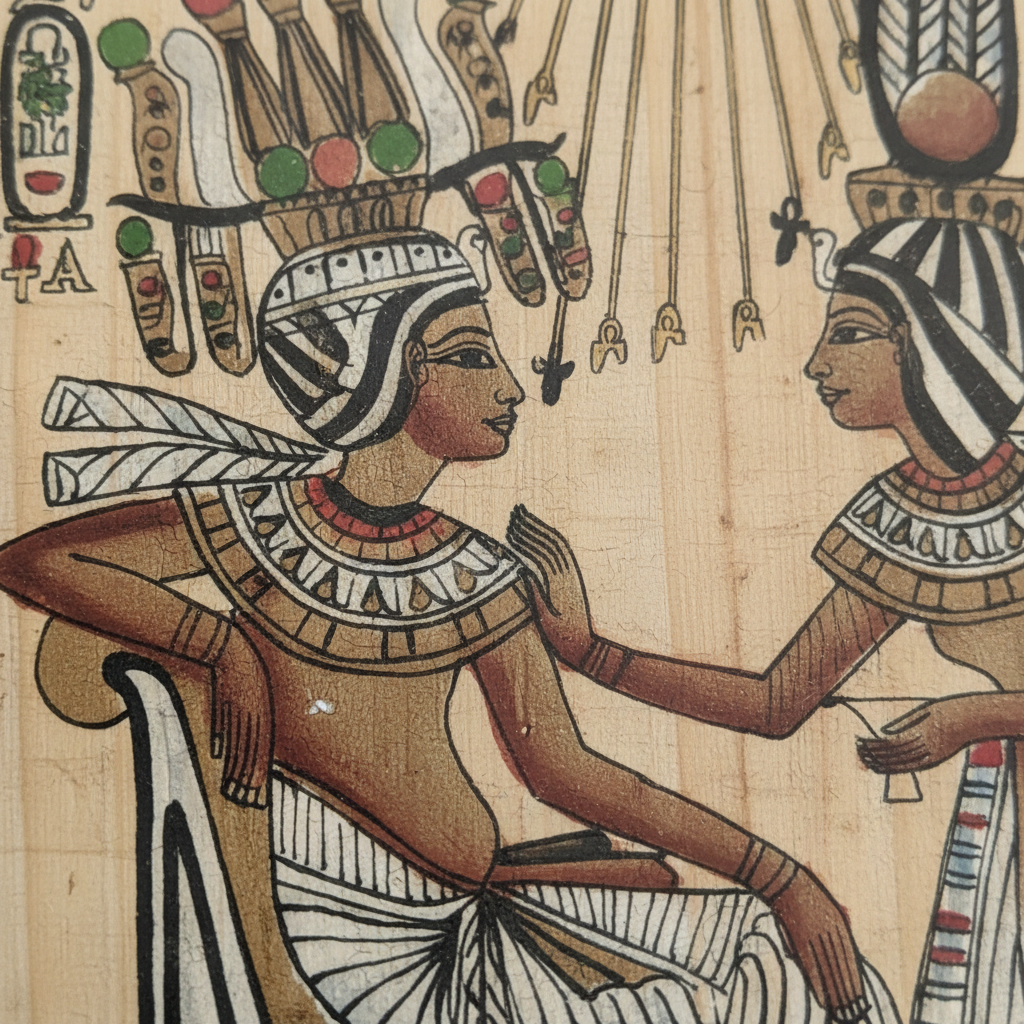 Close-up detail — intricate brushwork and hieroglyphics on papyrus