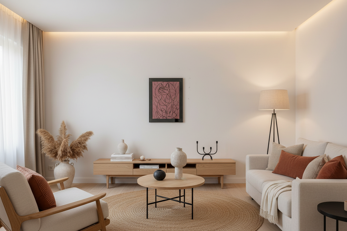 Rose Garden Cat artwork displayed in a modern living room